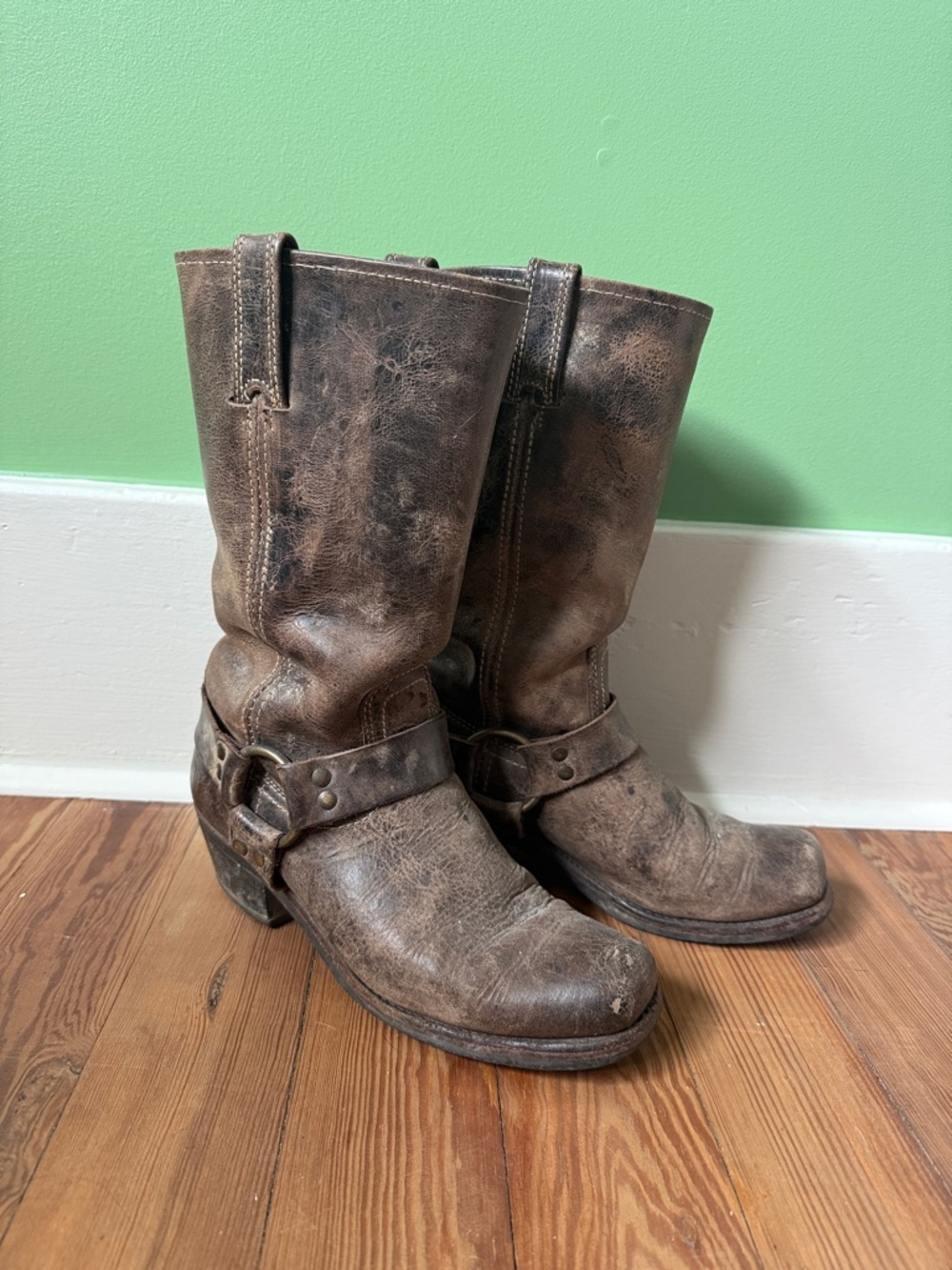 Frye Brown Leather Pull-On Harness Boots
